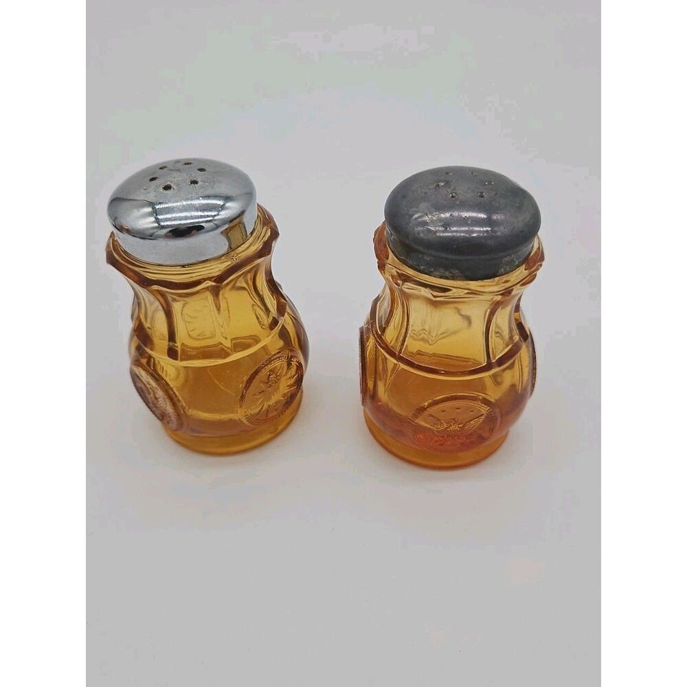 Fostoria Amber Coin Glass Salt & Pepper Shaker Set Americana USA Vintage NOS